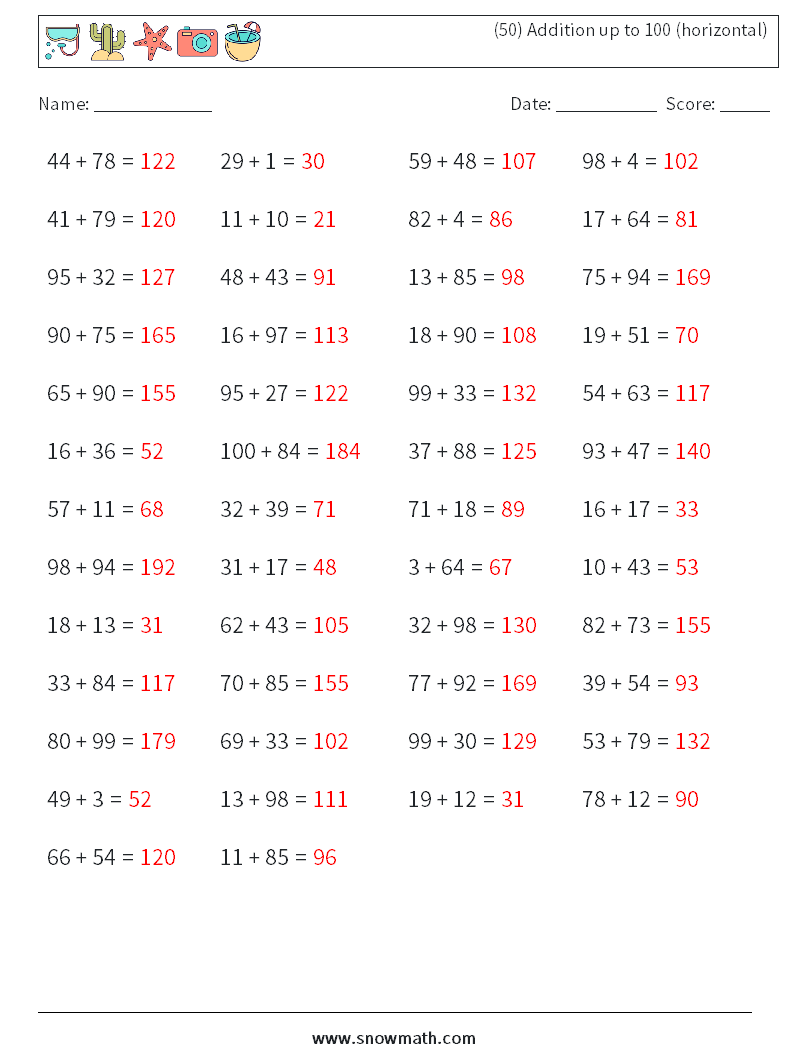 (50) Addition up to 100 (horizontal) Math Worksheets 7 Question, Answer