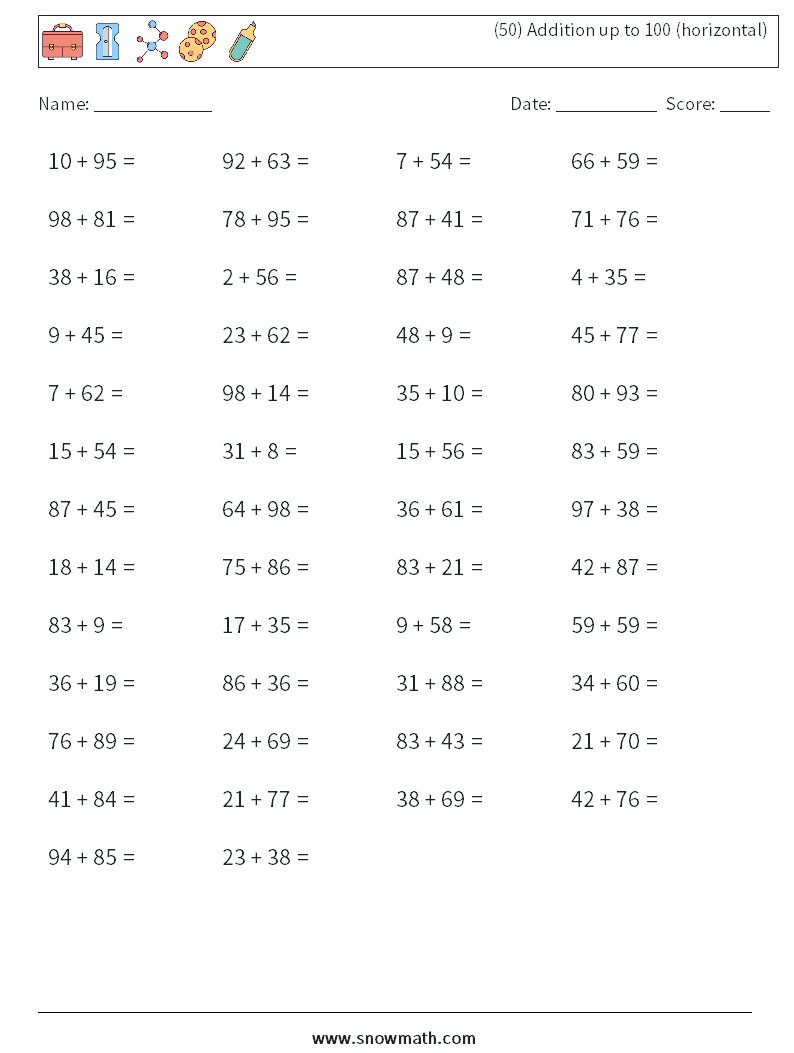 (50) Addition up to 100 (horizontal) Math Worksheets 8