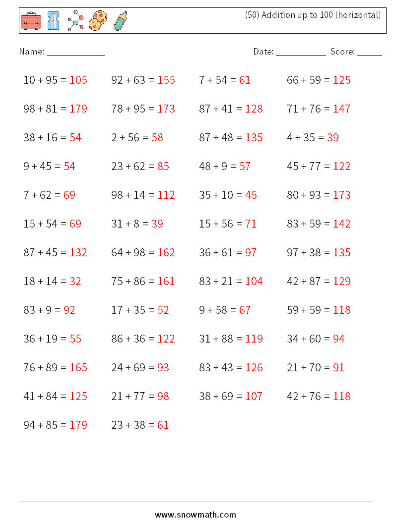 (50) Addition up to 100 (horizontal) Math Worksheets 8 Question, Answer