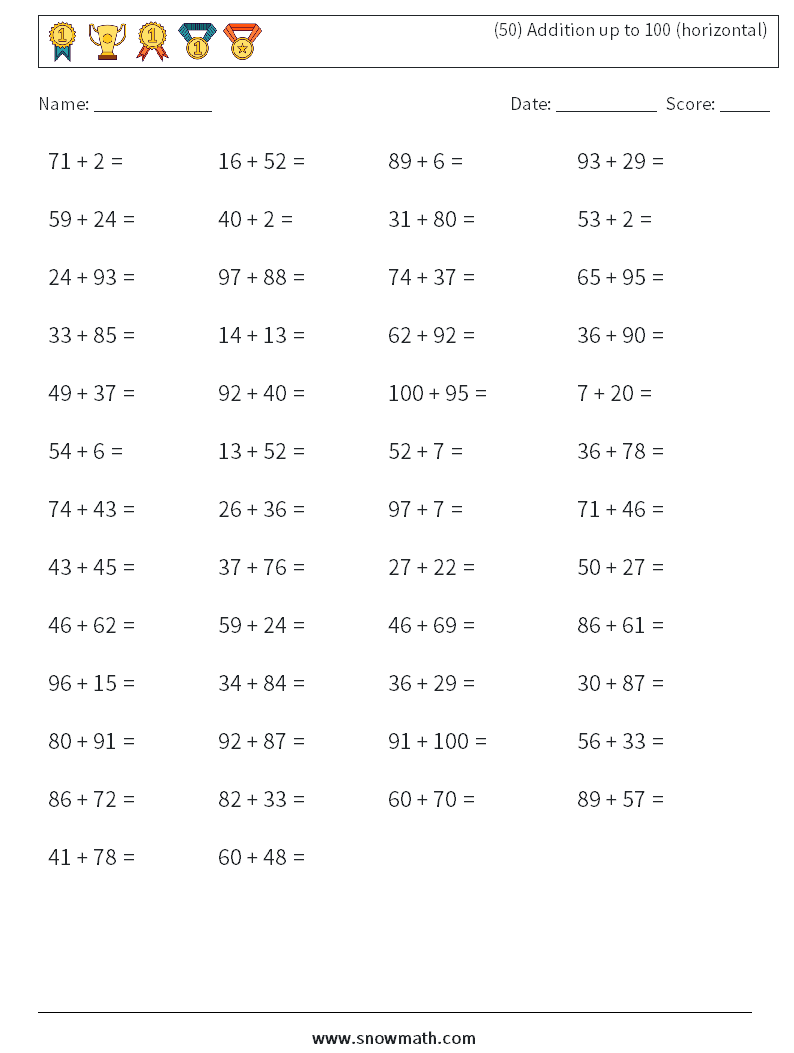 (50) Addition up to 100 (horizontal) Math Worksheets 9