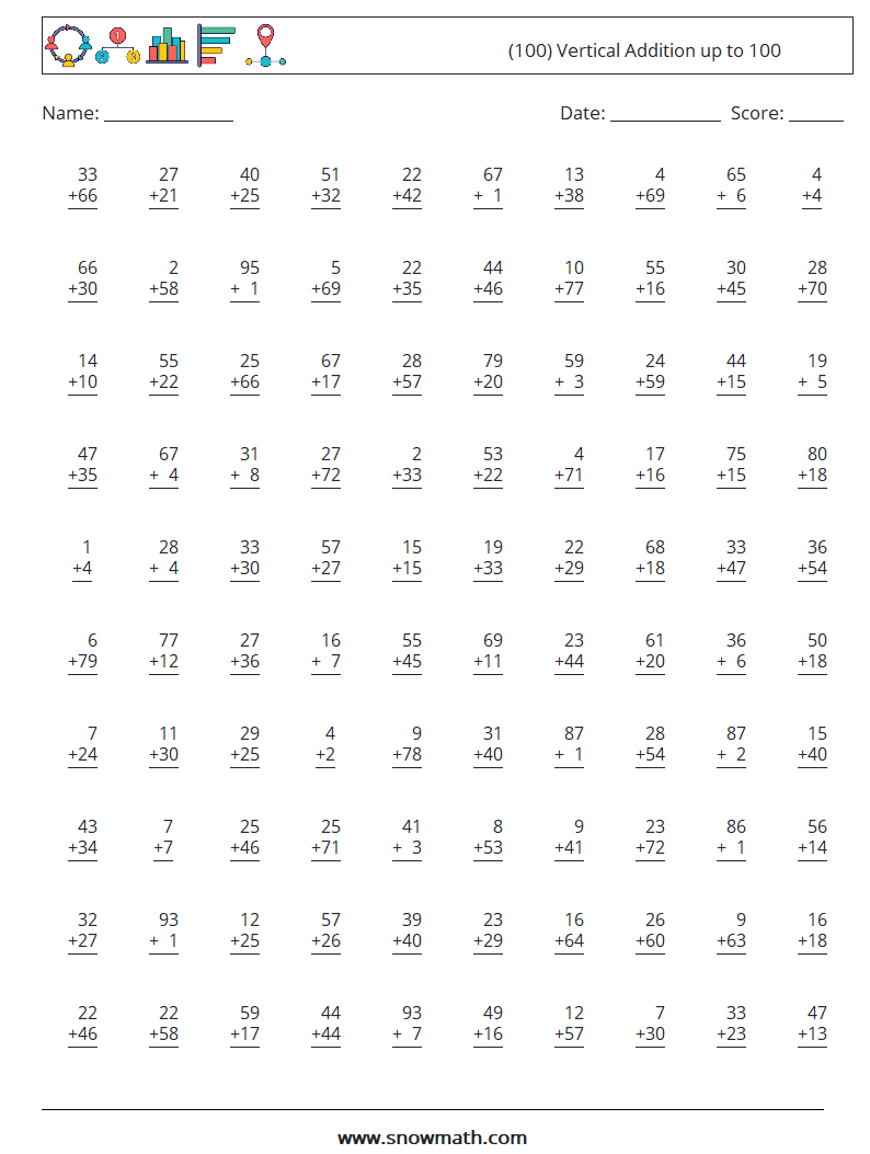 (100) Vertical Addition up to 100 Math Worksheets 2