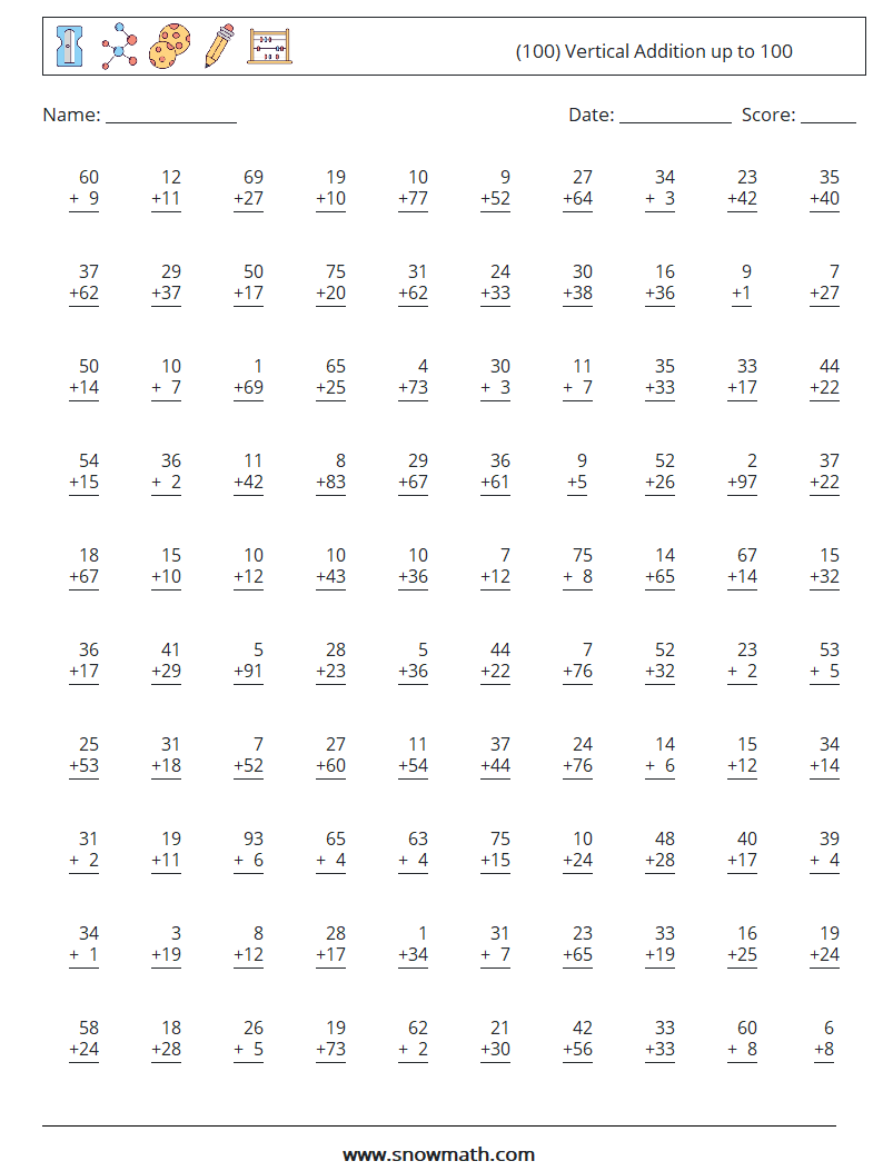 (100) Vertical Addition up to 100 Math Worksheets 3