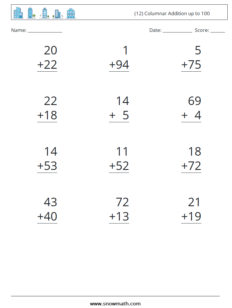 (12) Columnar Addition up to 100 Math Worksheets 10