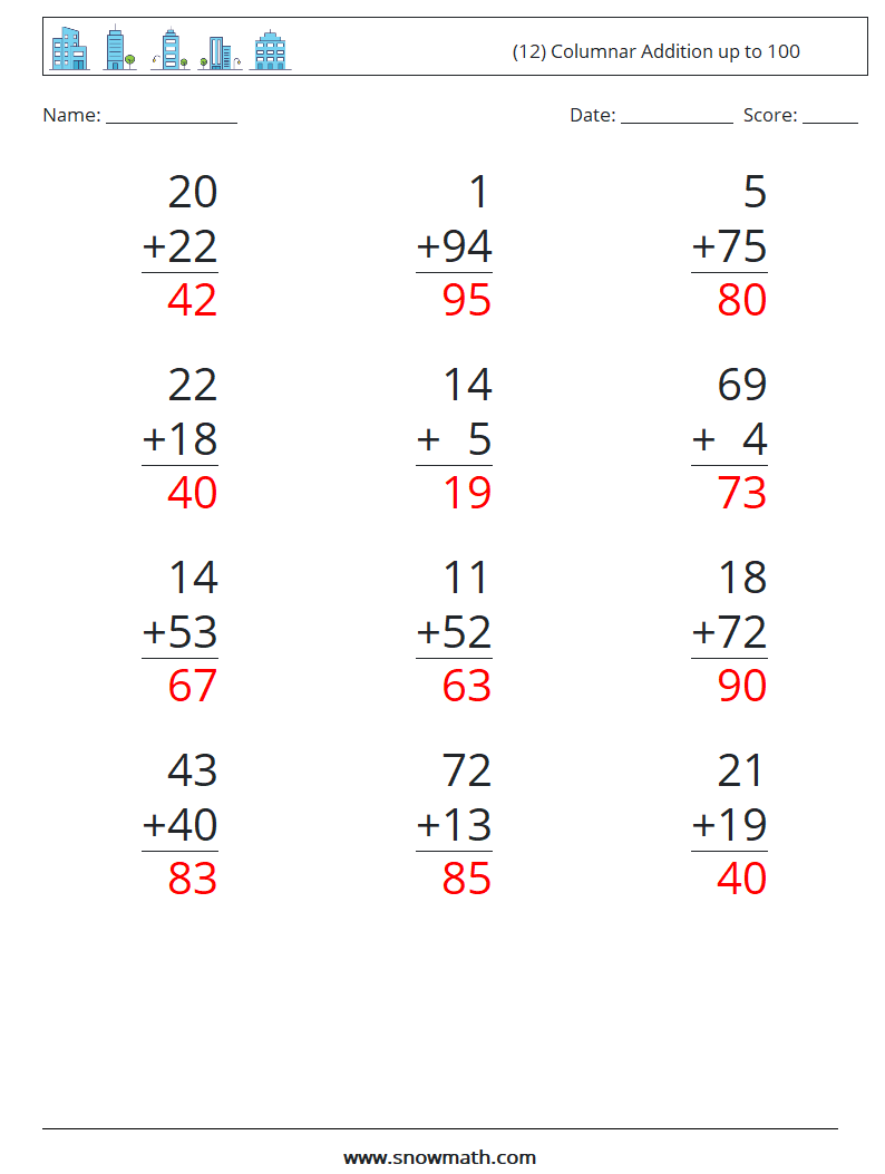 (12) Columnar Addition up to 100 Math Worksheets 10 Question, Answer