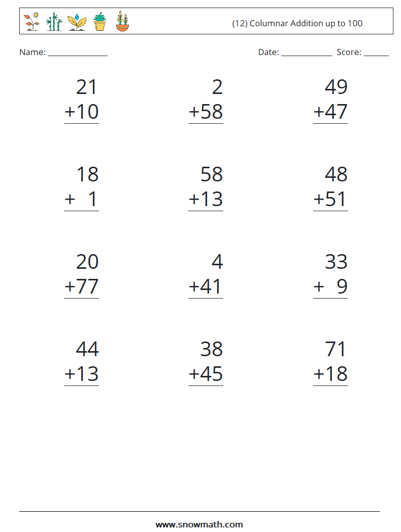 (12) Columnar Addition up to 100 Math Worksheets 11