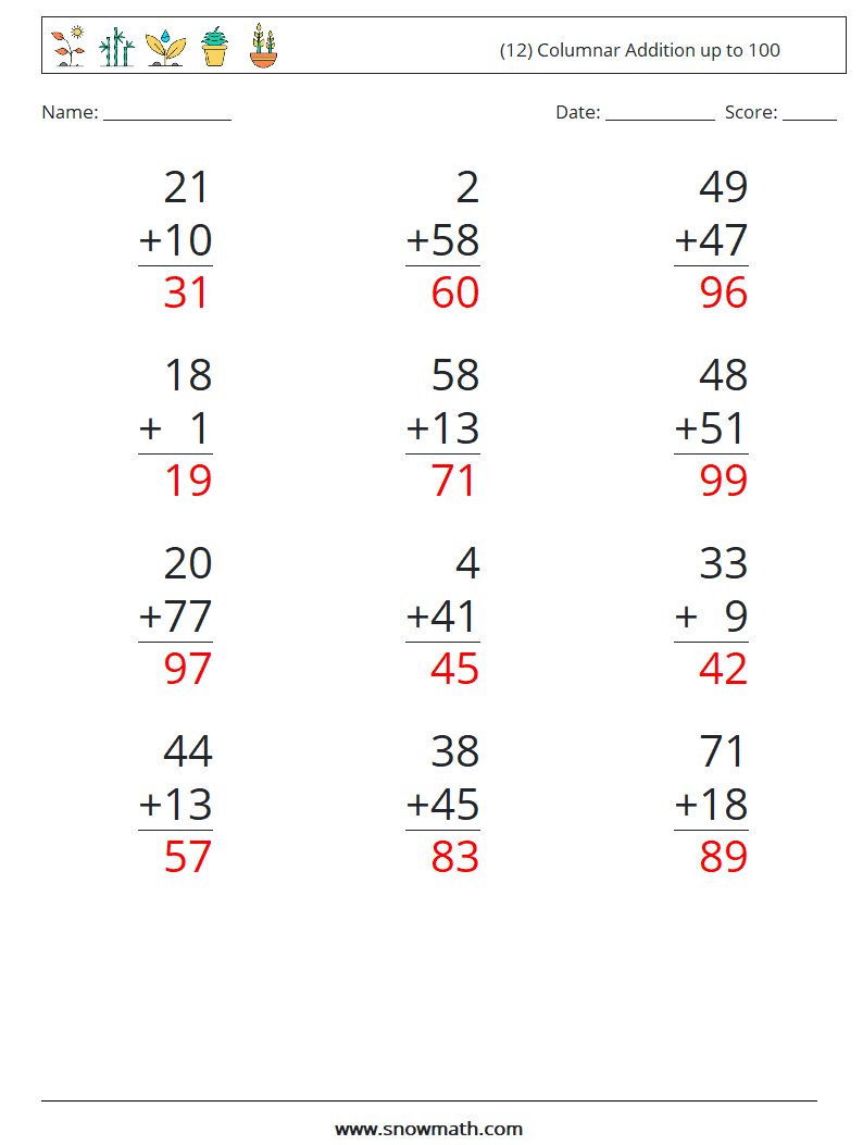 (12) Columnar Addition up to 100 Math Worksheets 11 Question, Answer