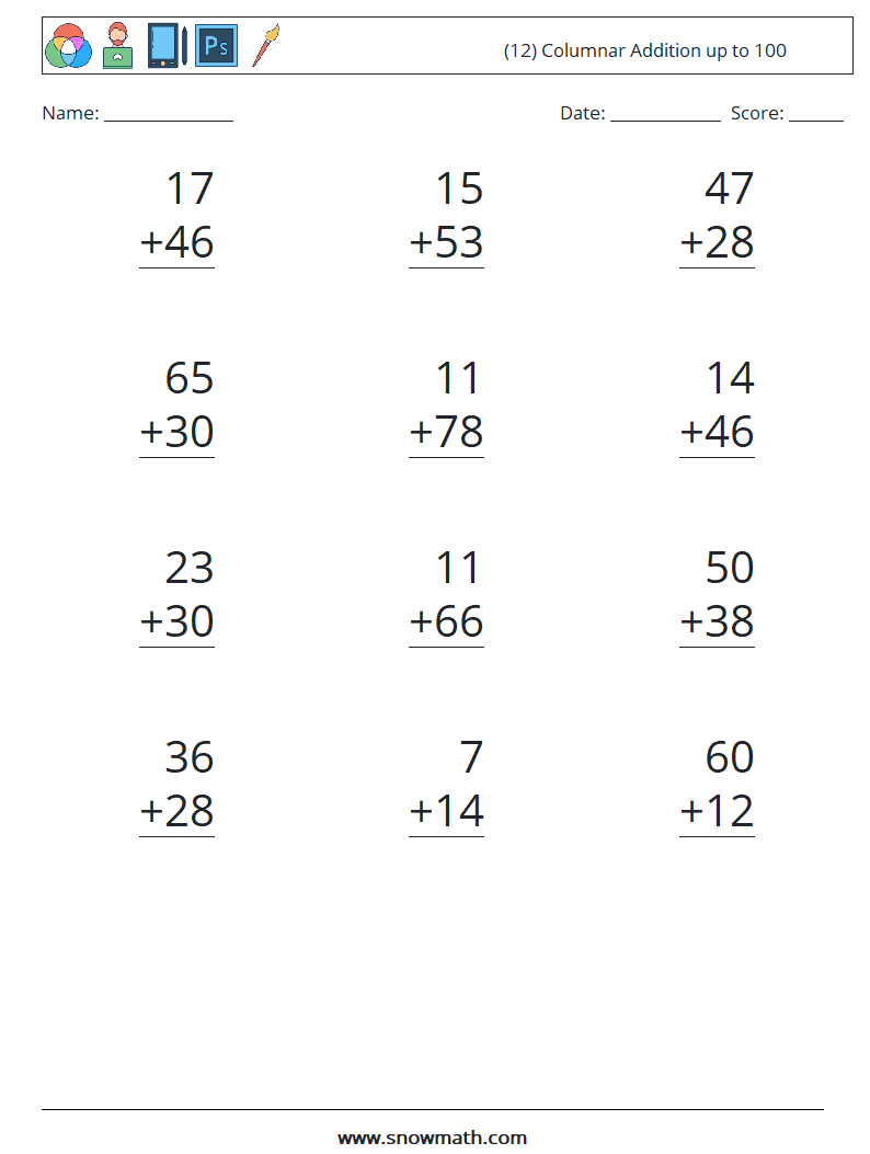 (12) Columnar Addition up to 100 Math Worksheets 12