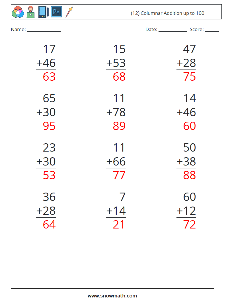 (12) Columnar Addition up to 100 Math Worksheets 12 Question, Answer