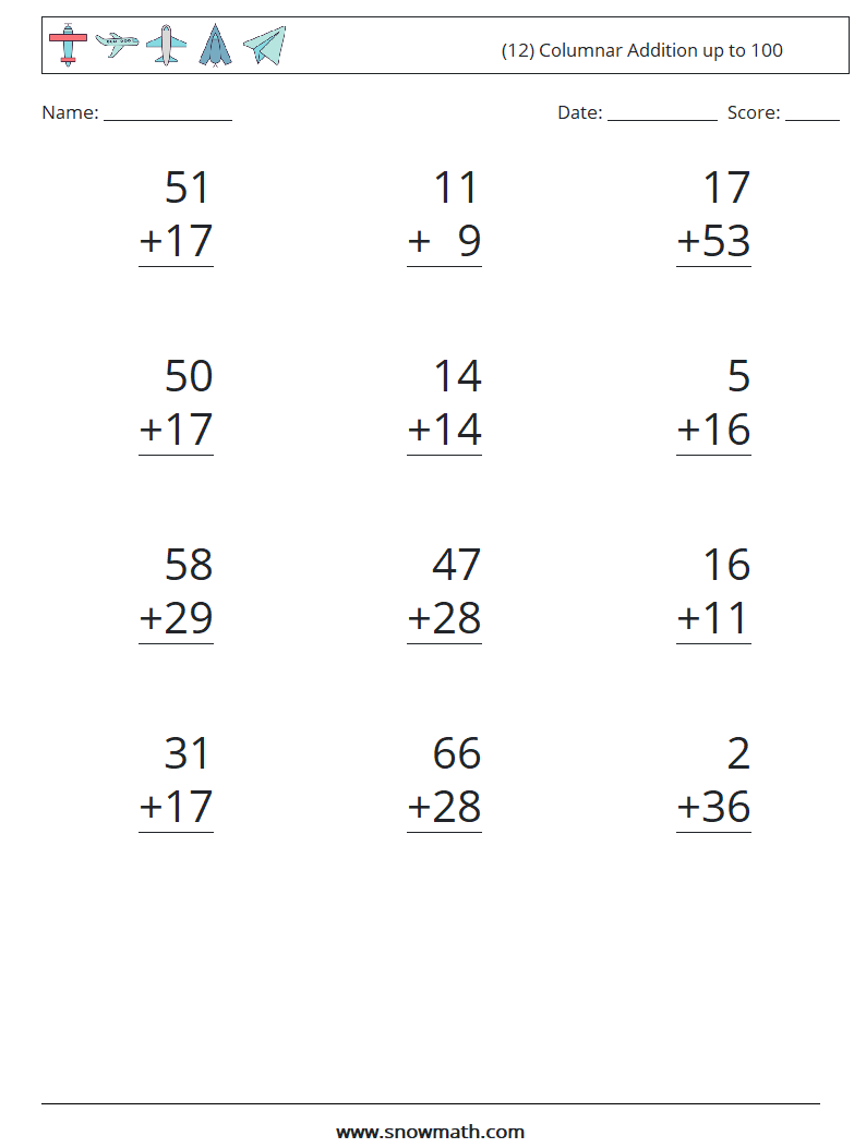 (12) Columnar Addition up to 100 Math Worksheets 13