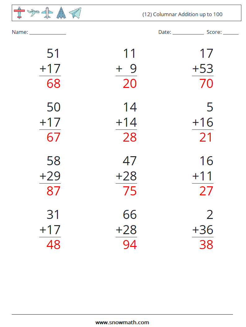 (12) Columnar Addition up to 100 Math Worksheets 13 Question, Answer