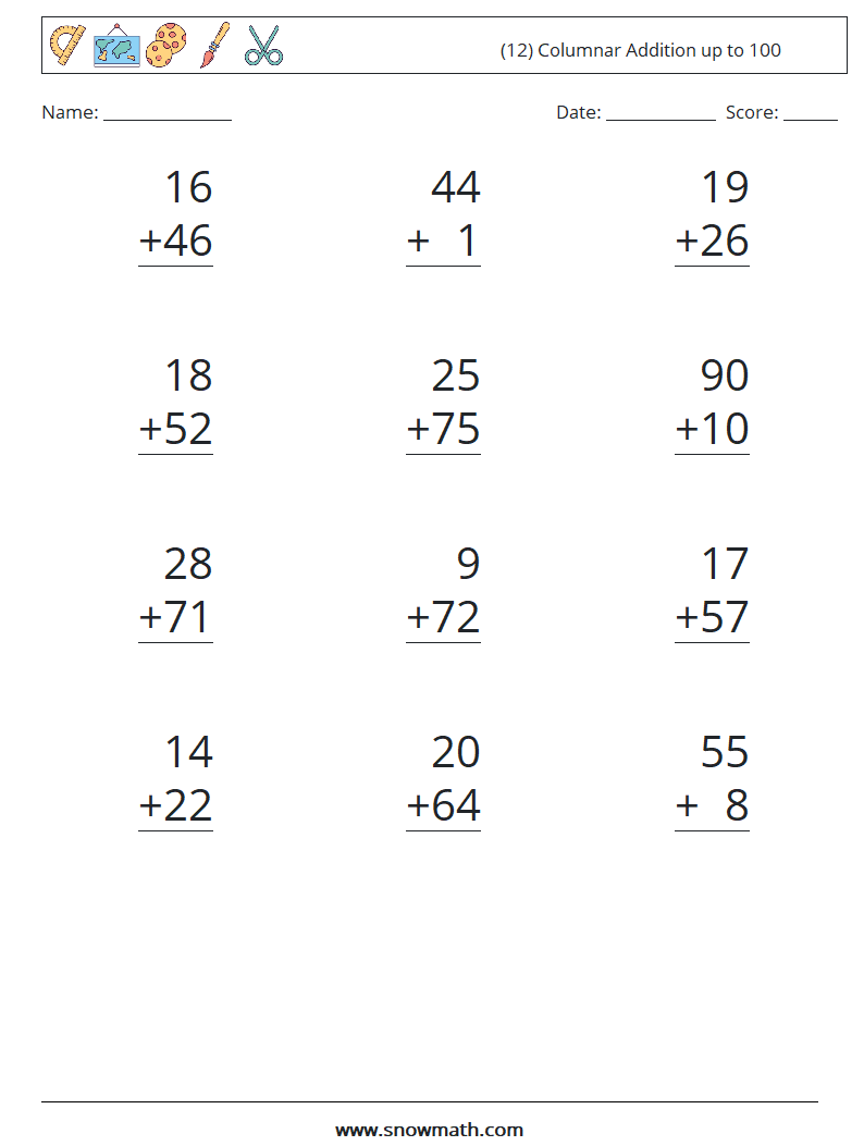 (12) Columnar Addition up to 100 Math Worksheets 14