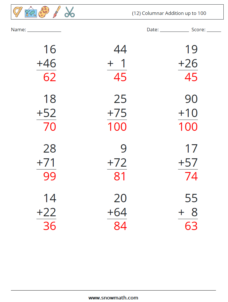 (12) Columnar Addition up to 100 Math Worksheets 14 Question, Answer