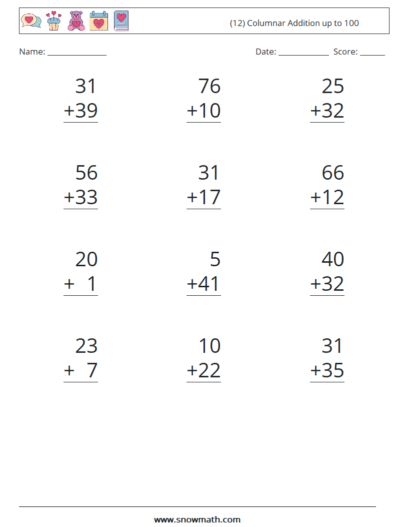 (12) Columnar Addition up to 100 Math Worksheets 15