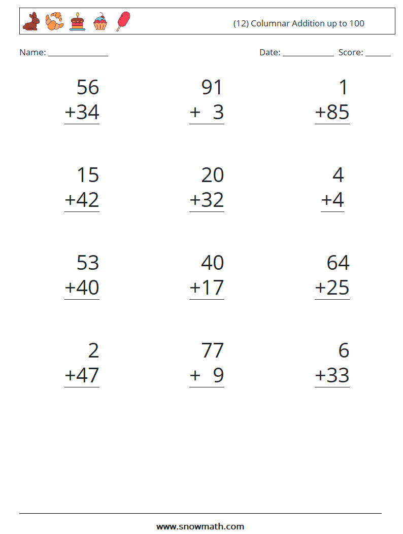 (12) Columnar Addition up to 100 Math Worksheets 16