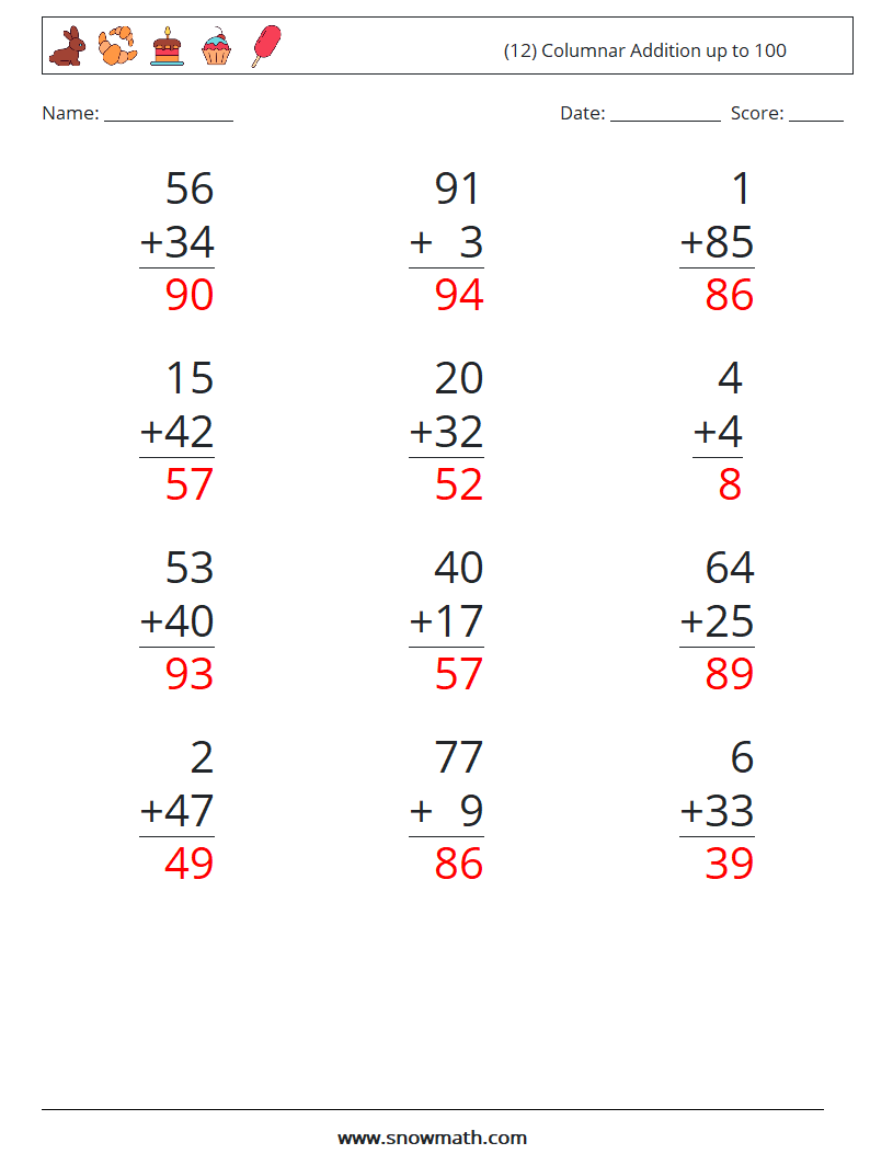 (12) Columnar Addition up to 100 Math Worksheets 16 Question, Answer