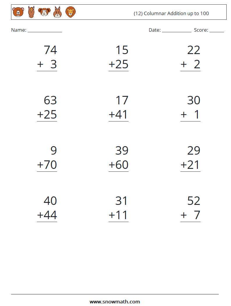 (12) Columnar Addition up to 100 Math Worksheets 17