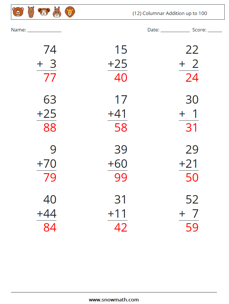 (12) Columnar Addition up to 100 Math Worksheets 17 Question, Answer