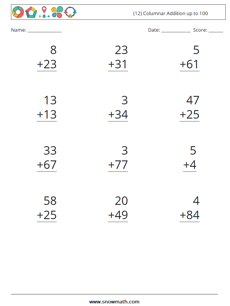 (12) Columnar Addition up to 100 Math Worksheets 18