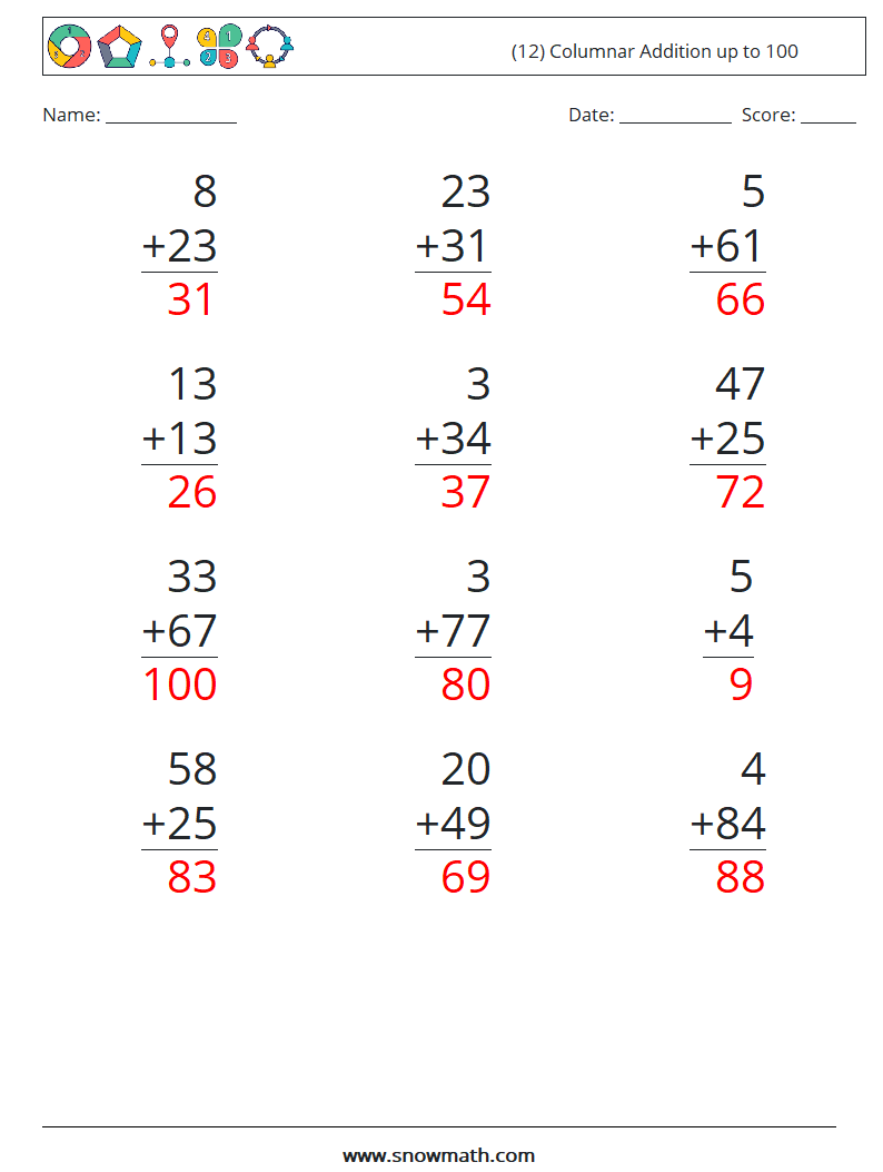 (12) Columnar Addition up to 100 Math Worksheets 18 Question, Answer