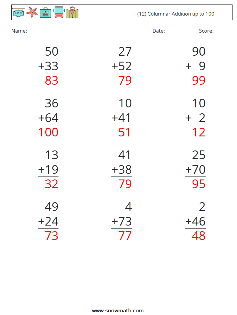 (12) Columnar Addition up to 100 Math Worksheets 1 Question, Answer