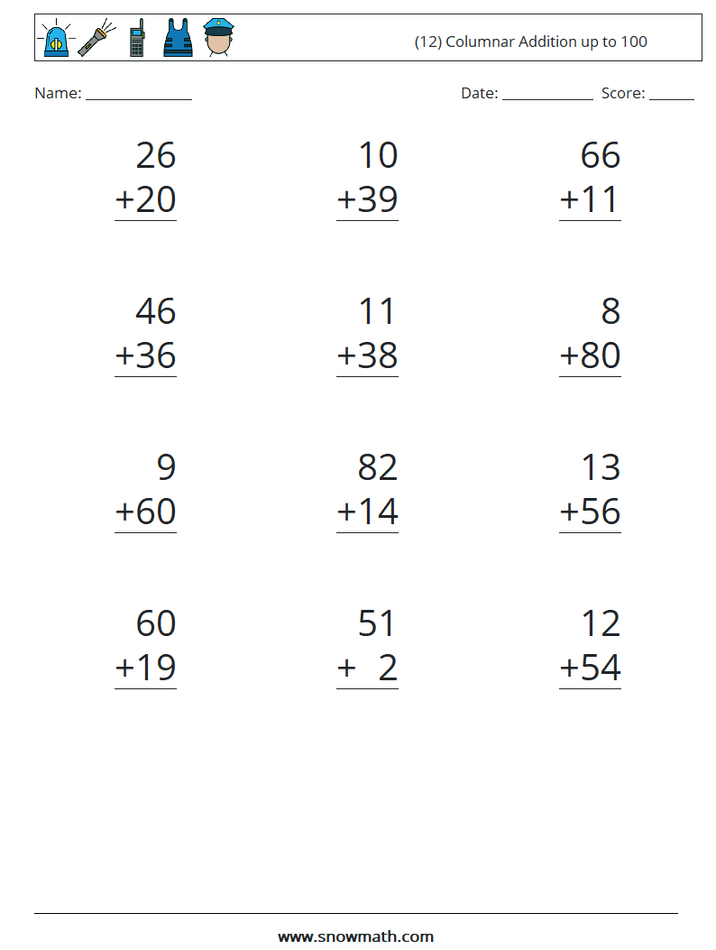 (12) Columnar Addition up to 100 Math Worksheets 2