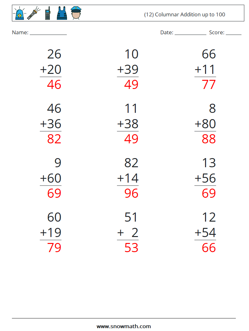 (12) Columnar Addition up to 100 Math Worksheets 2 Question, Answer