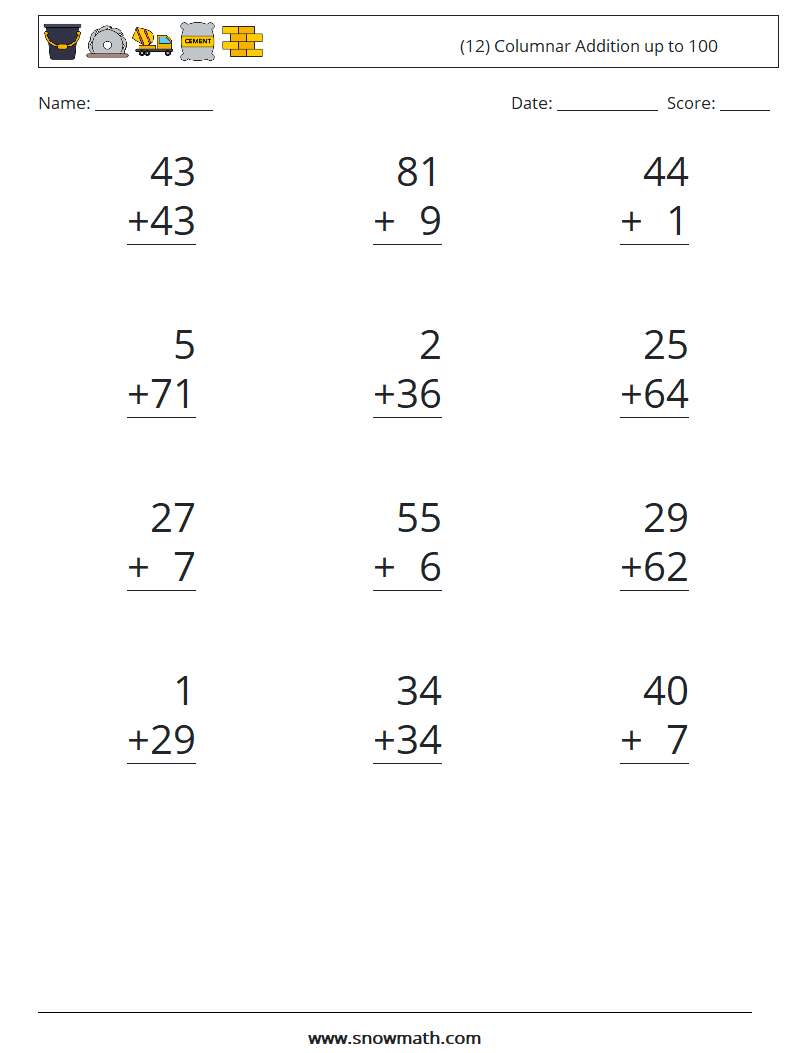 (12) Columnar Addition up to 100 Math Worksheets 3