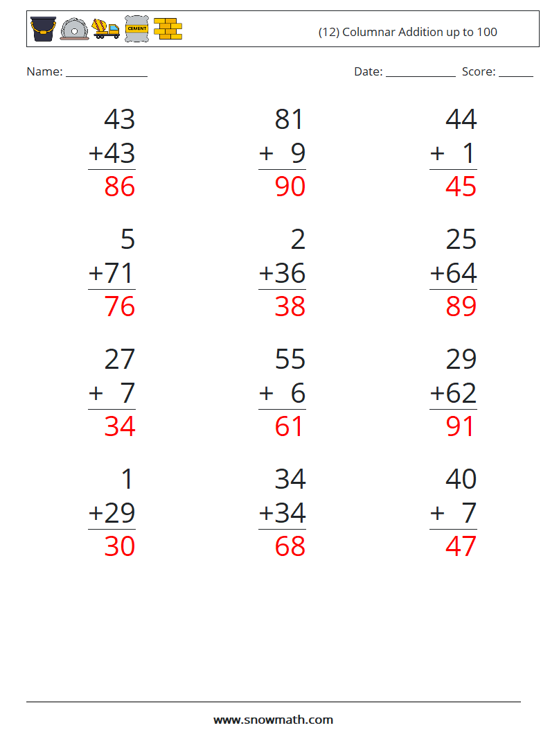 (12) Columnar Addition up to 100 Math Worksheets 3 Question, Answer