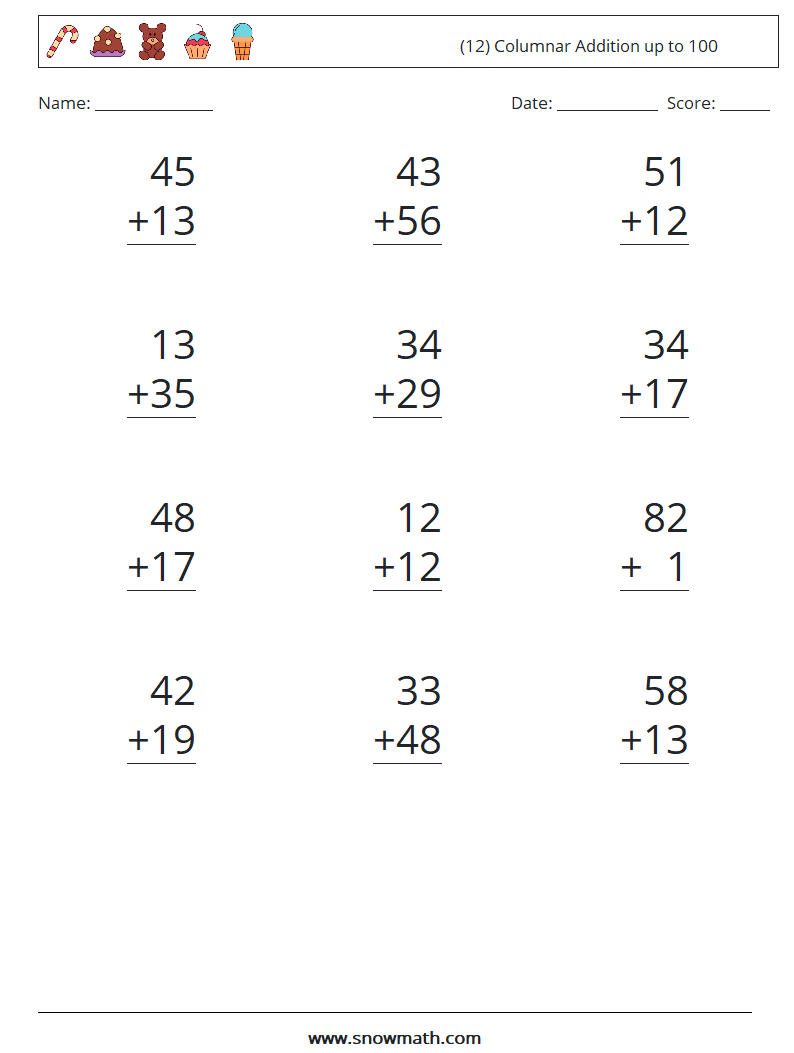 (12) Columnar Addition up to 100 Math Worksheets 4