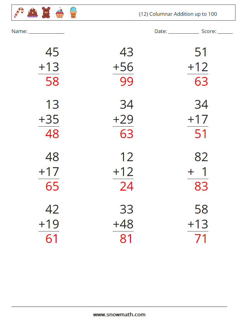 (12) Columnar Addition up to 100 Math Worksheets 4 Question, Answer