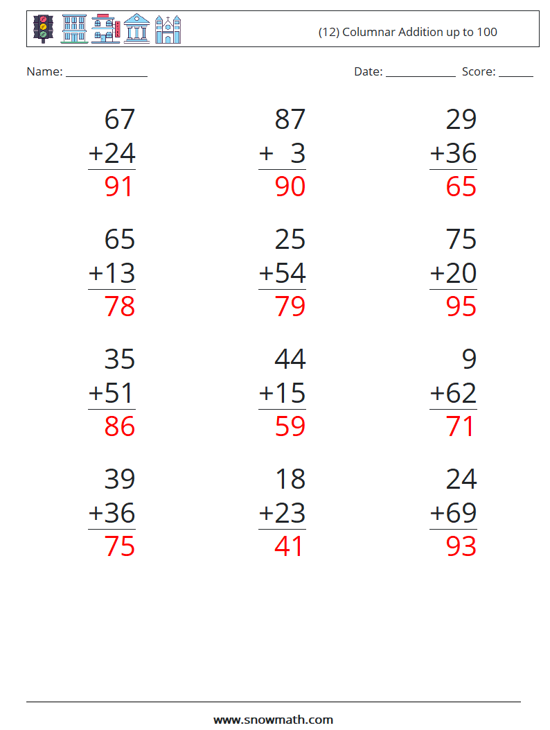 (12) Columnar Addition up to 100 Math Worksheets 5 Question, Answer