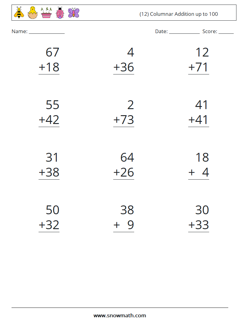 (12) Columnar Addition up to 100 Math Worksheets 6