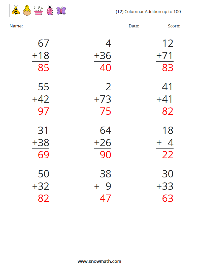 (12) Columnar Addition up to 100 Math Worksheets 6 Question, Answer