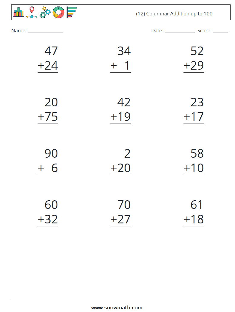 (12) Columnar Addition up to 100 Math Worksheets 7