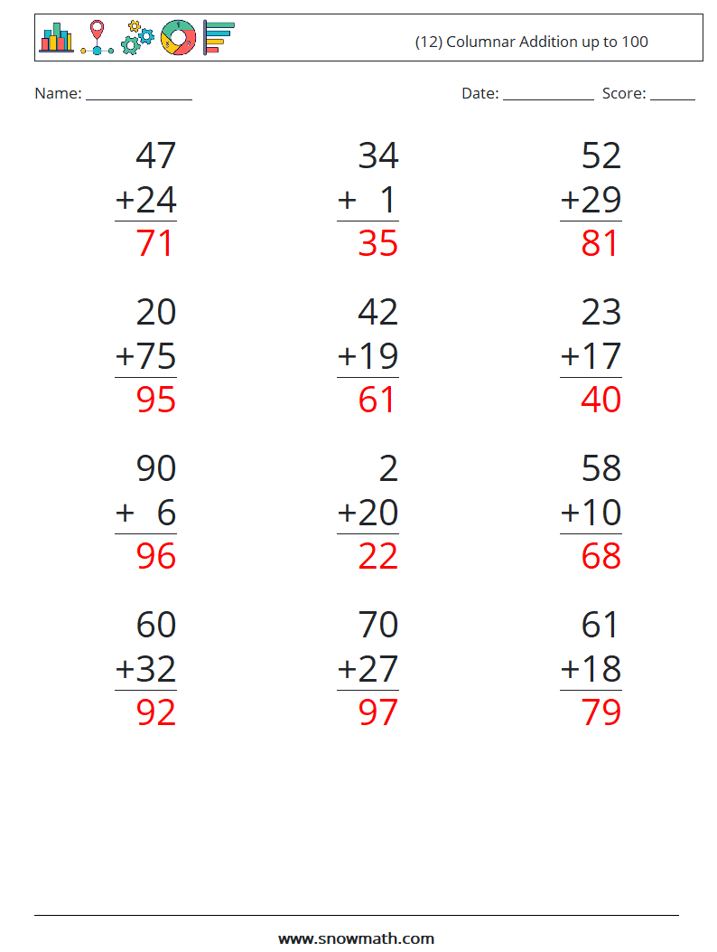 (12) Columnar Addition up to 100 Math Worksheets 7 Question, Answer