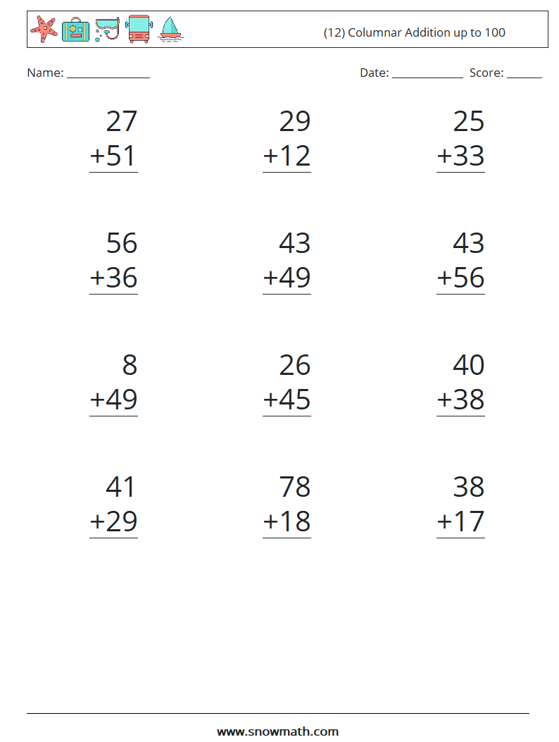 (12) Columnar Addition up to 100 Math Worksheets 8