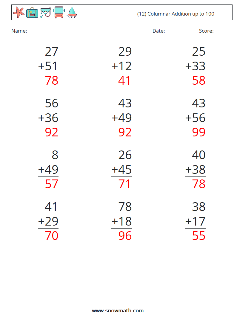 (12) Columnar Addition up to 100 Math Worksheets 8 Question, Answer