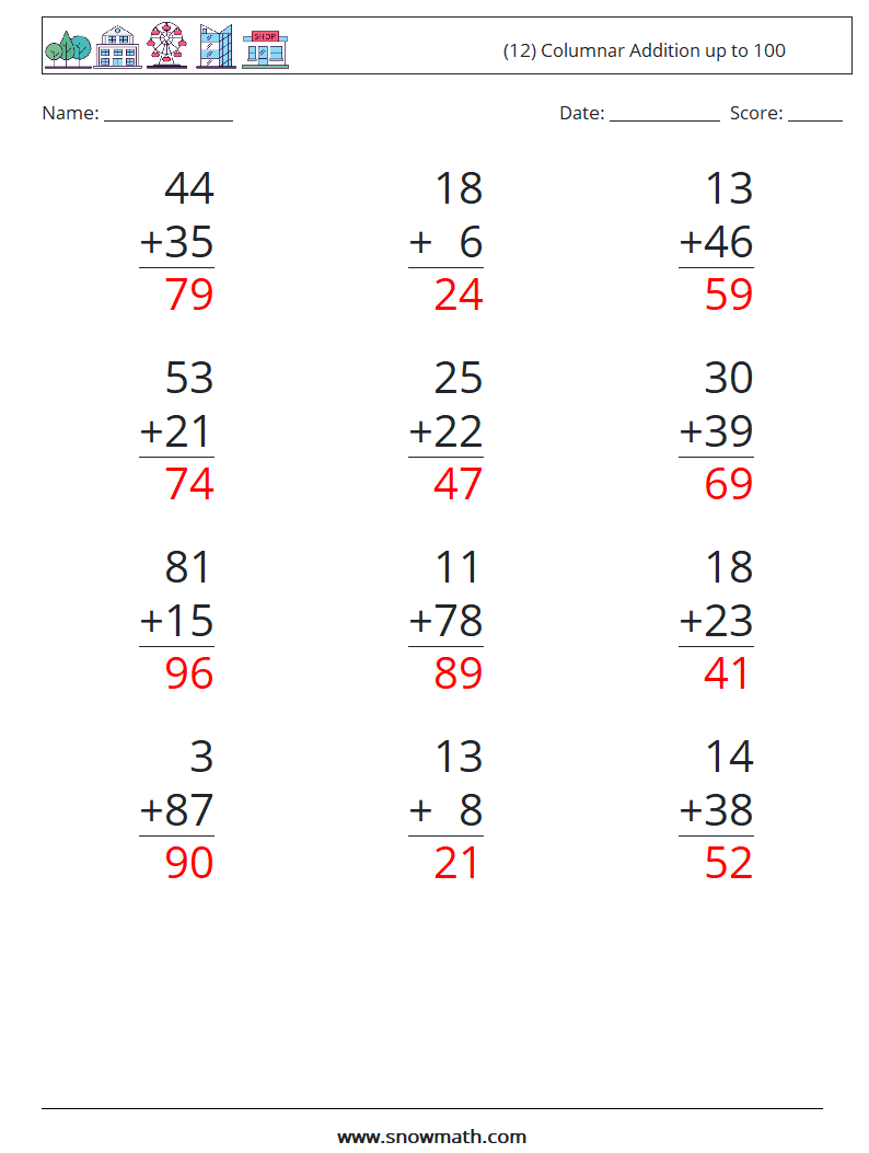 (12) Columnar Addition up to 100 Math Worksheets 9 Question, Answer