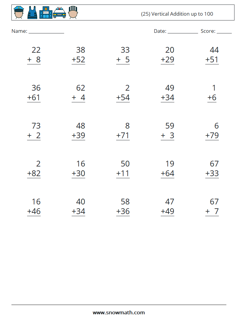 (25) Vertical Addition up to 100 Math Worksheets 14