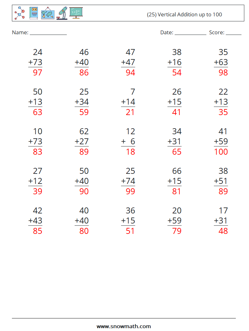 (25) Vertical Addition up to 100 Math Worksheets 17 Question, Answer