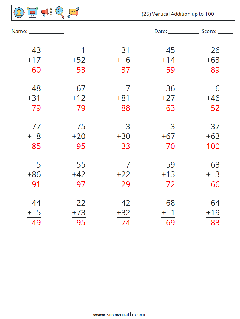 (25) Vertical Addition up to 100 Math Worksheets 1 Question, Answer