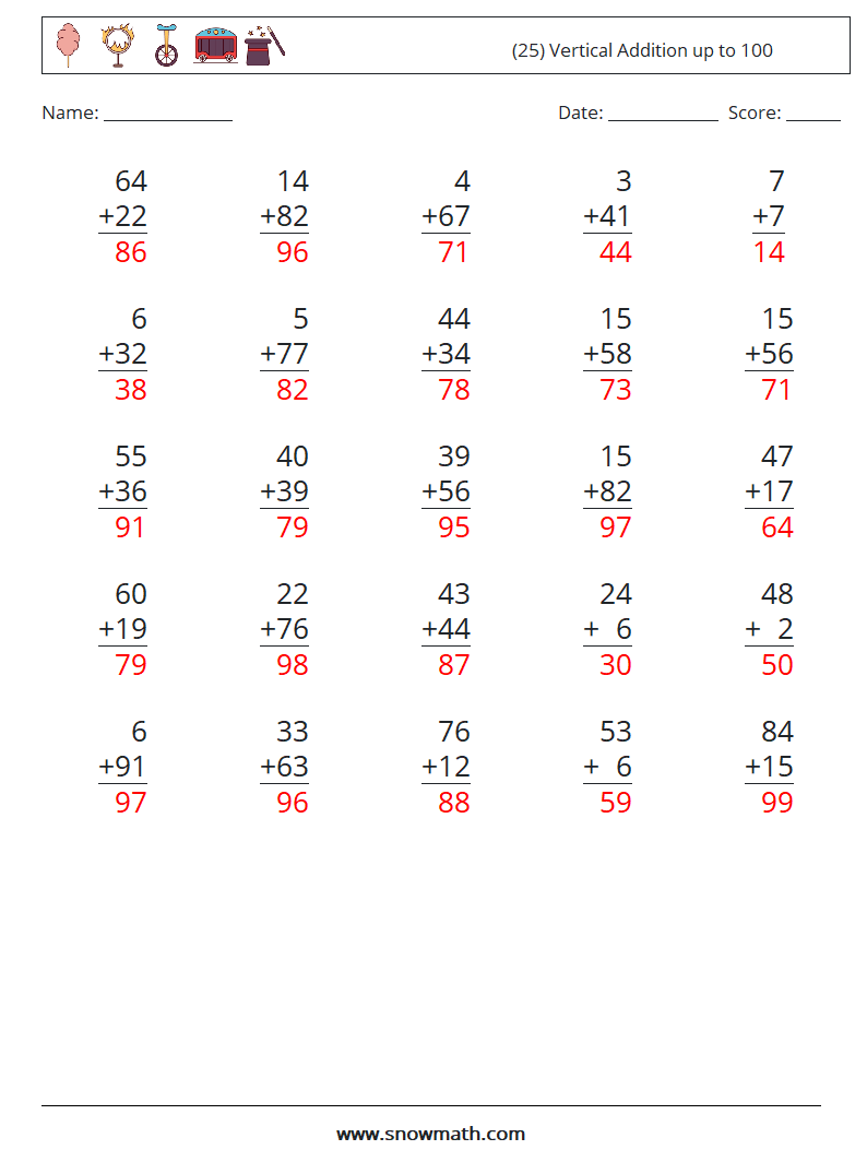 (25) Vertical Addition up to 100 Math Worksheets 2 Question, Answer