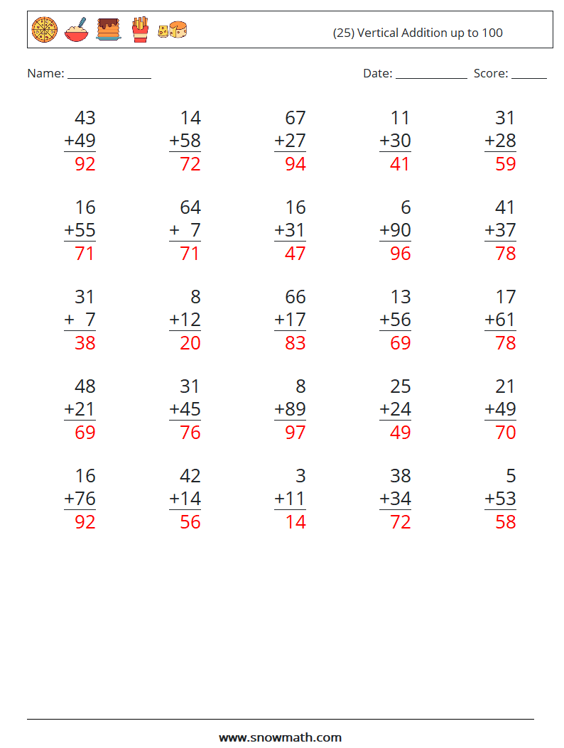 (25) Vertical Addition up to 100 Math Worksheets 3 Question, Answer