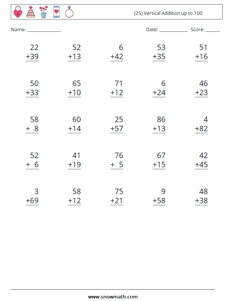 (25) Vertical Addition up to 100 Math Worksheets 4