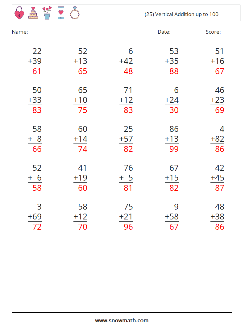 (25) Vertical Addition up to 100 Math Worksheets 4 Question, Answer