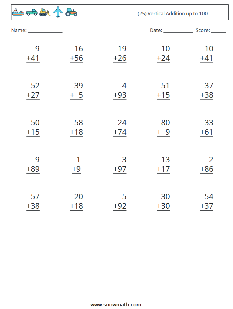 (25) Vertical Addition up to 100 Math Worksheets 7