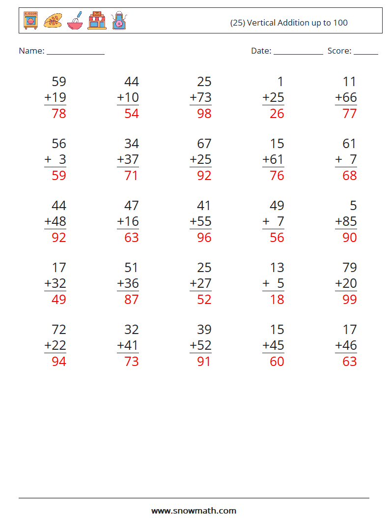 (25) Vertical Addition up to 100 Math Worksheets 8 Question, Answer