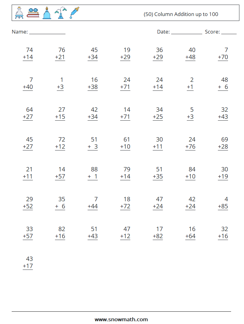 (50) Column Addition up to 100 Math Worksheets 1