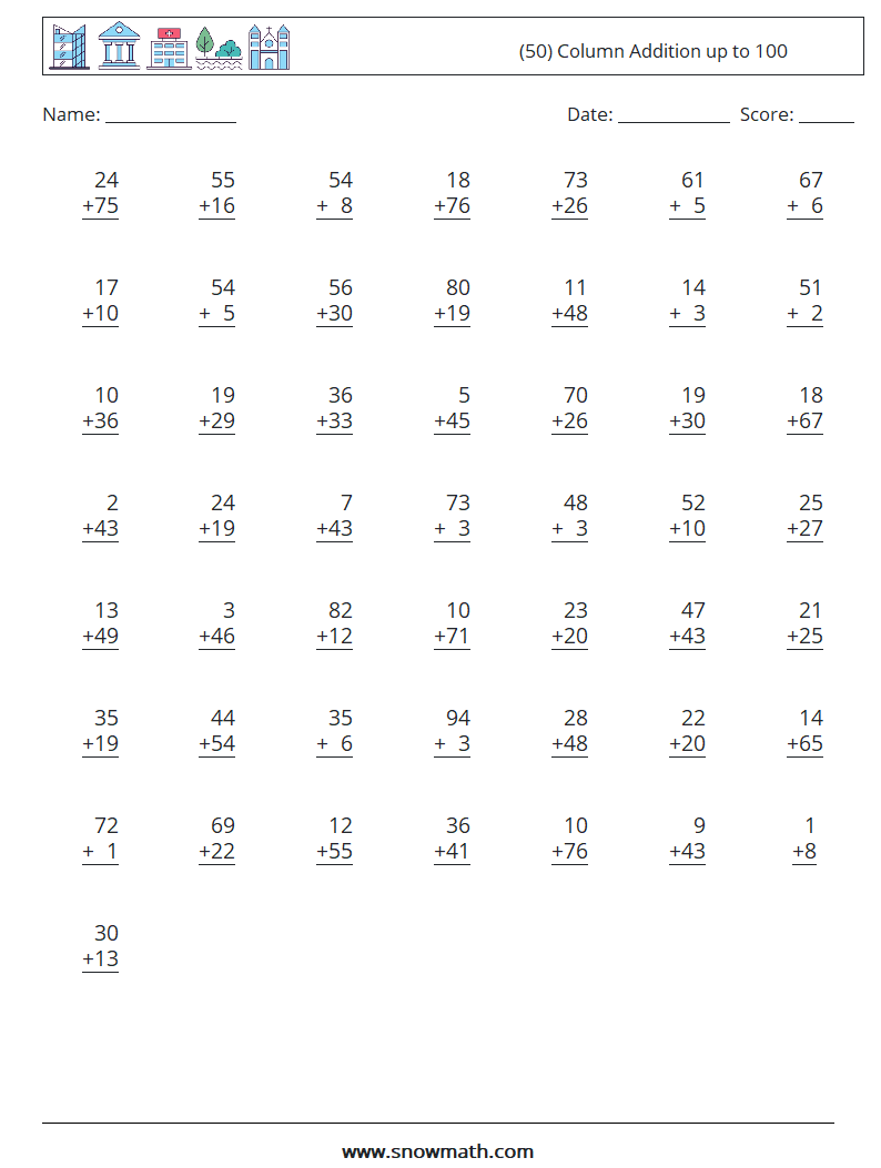 (50) Column Addition up to 100 Math Worksheets 10