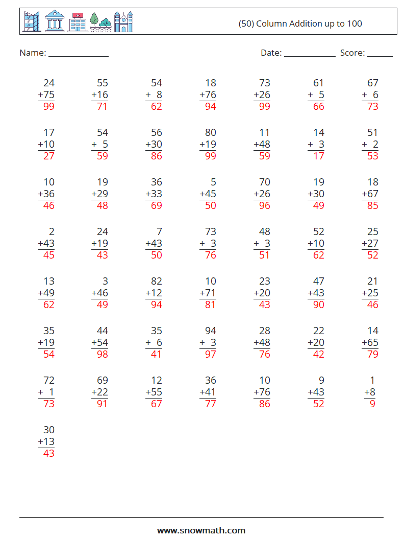 (50) Column Addition up to 100 Math Worksheets 10 Question, Answer